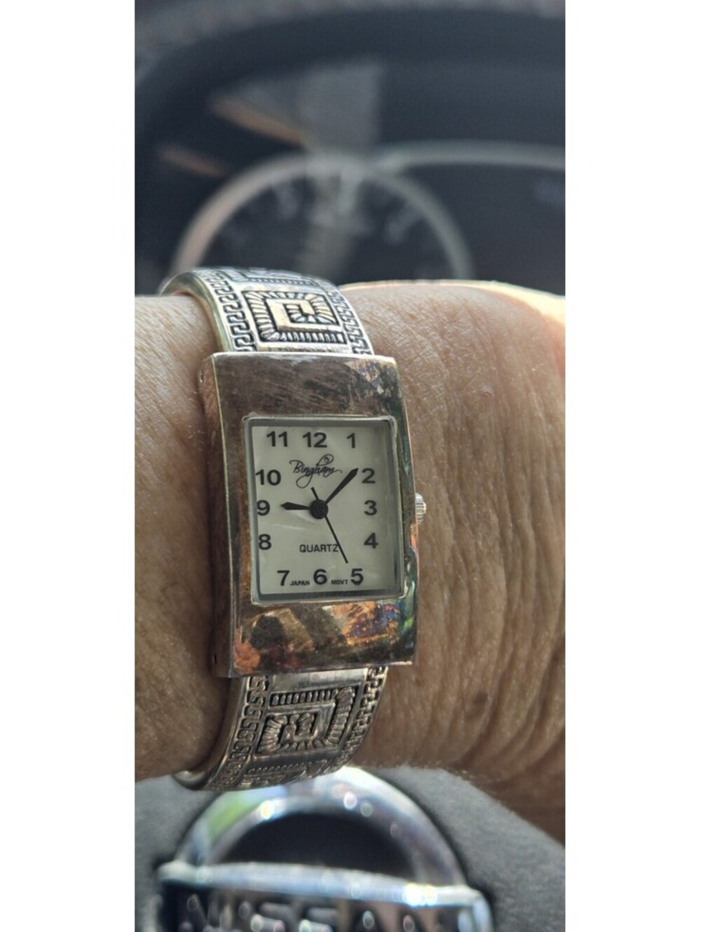 Lady's Silverplate Bingham Silverplate Watch w Hinged Plated Greek Braid Cuff